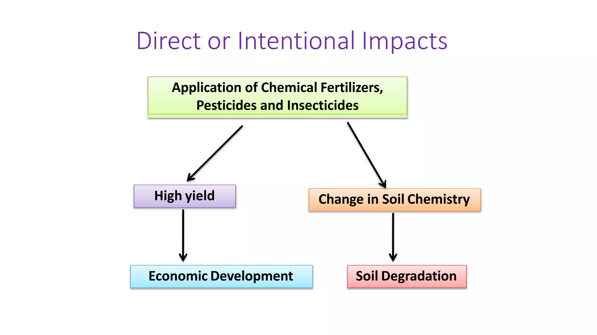 Direct or Intentional Impacts
Application of Chemical Fertilizers,
Pesticides and Insecticides
High yield
Economic Development
Change in Soil Chemistry
Soil Degradation
 