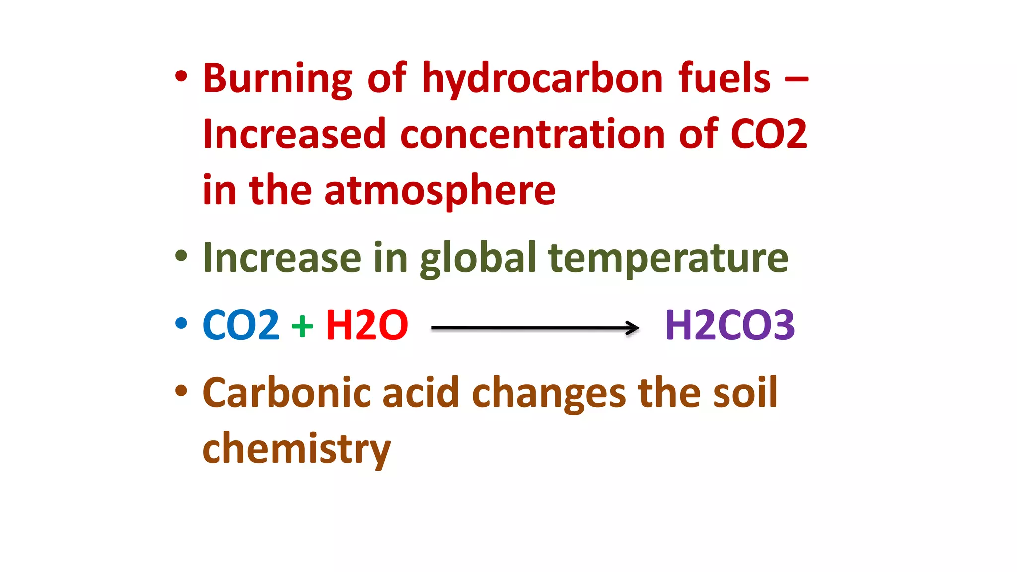 • Burning of hydrocarbon fuels –
Increased concentration of CO2
in the atmosphere
• Increase in global temperature
• CO2 + H2O H2CO3
• Carbonic acid changes the soil
chemistry
 