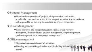 Modular decomposition of projects, deligate duties, track status
perodically, communicate with clients, integrate modules, test the software
and responsible for meeting the deadline for project completion.
Rural resources and issues managment such as water resource
managment, forest and forest product management, crop management,
cattle managment, rural man power management.
Organized documentation of all avtivities.
Planning and controlling all office work including maintainig and keeping
record.
 