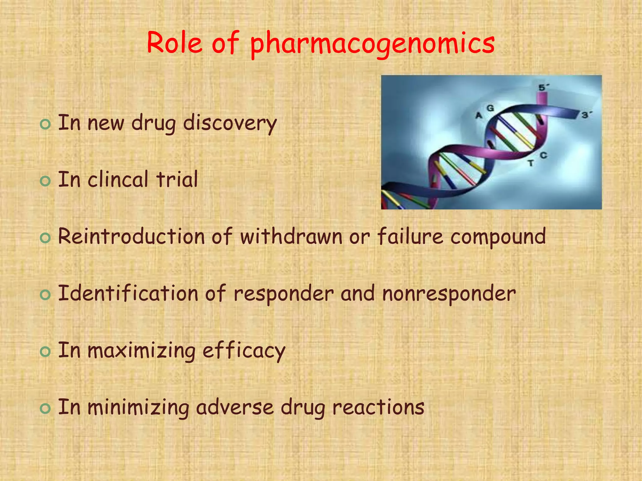 Role of pharmacogenomics
 In new drug discovery
 In clincal trial
 Reintroduction of withdrawn or failure compound
 Identification of responder and nonresponder
 In maximizing efficacy
 In minimizing adverse drug reactions
 