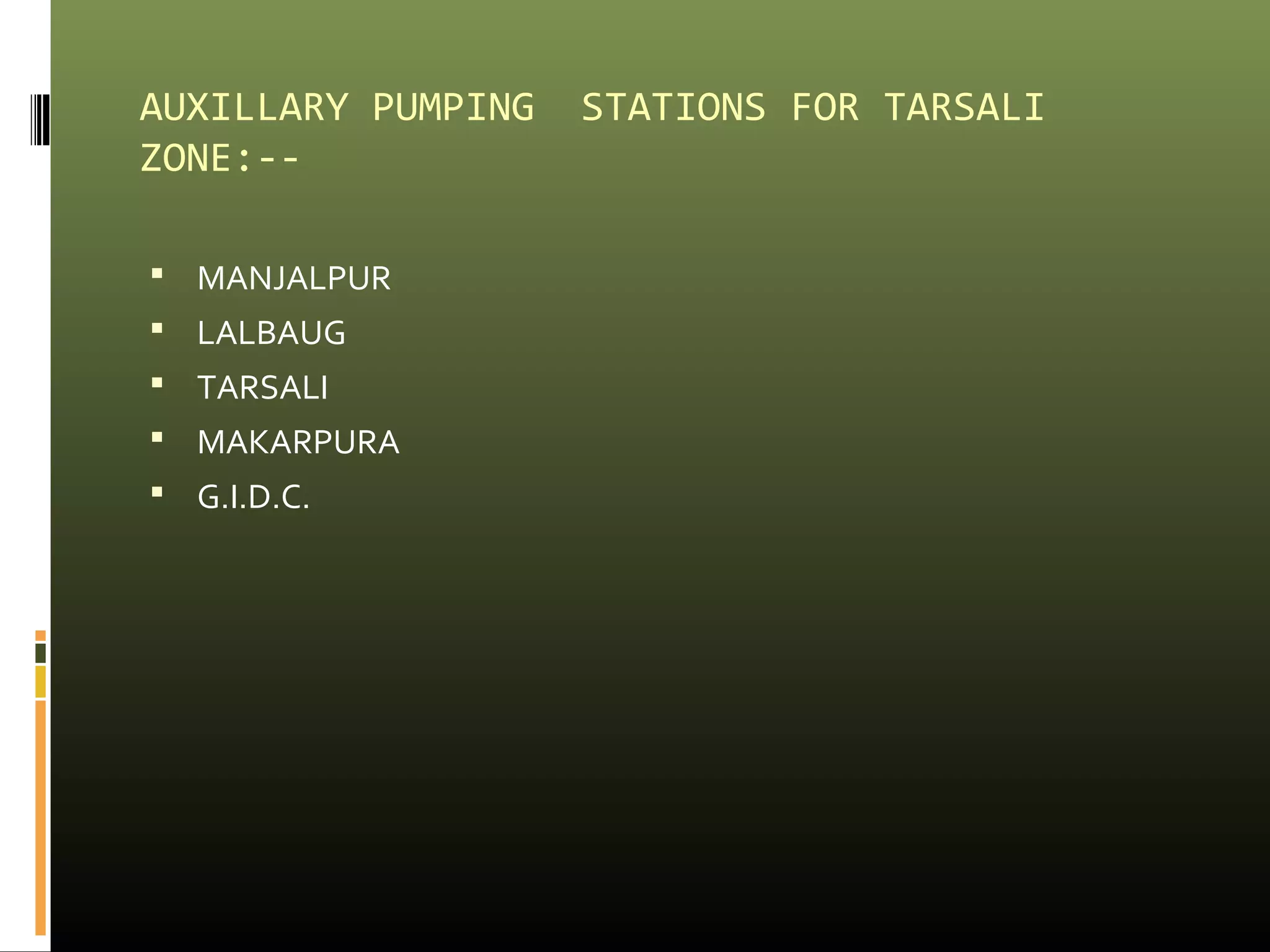 AUXILLARY PUMPING STATIONS FOR TARSALI 
ZONE:-- 
 MANJALPUR 
 LALBAUG 
 TARSALI 
 MAKARPURA 
 G.I.D.C. 
 