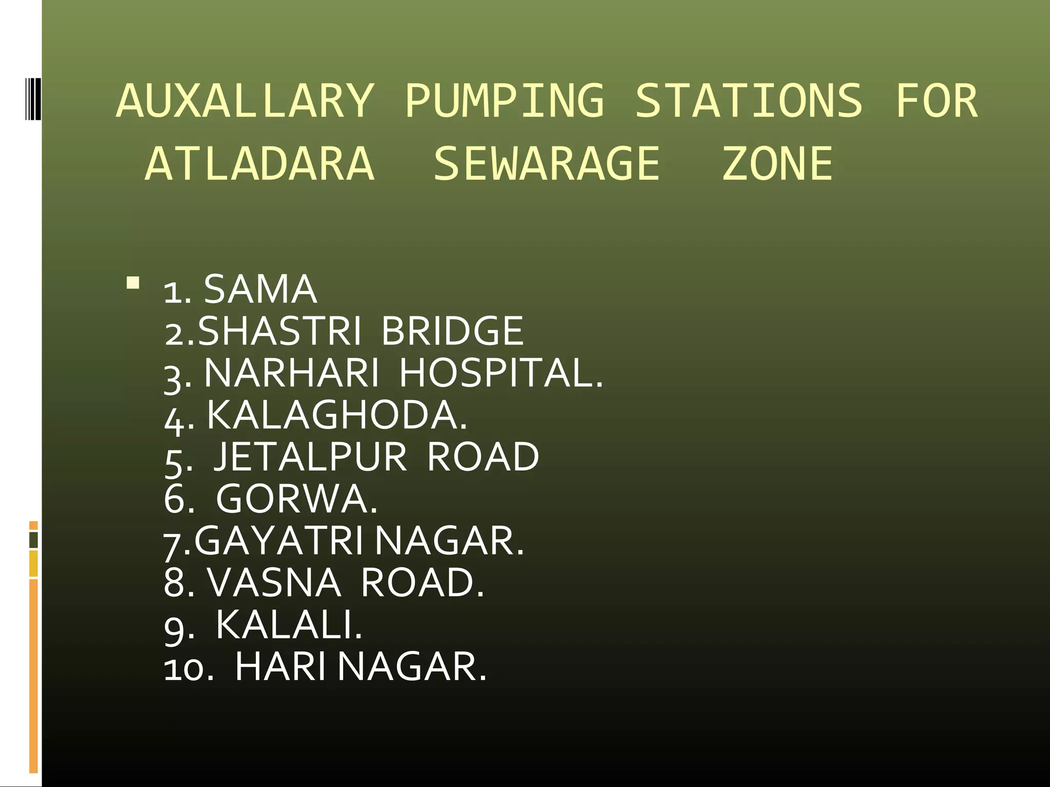 AUXALLARY PUMPING STATIONS FOR 
ATLADARA SEWARAGE ZONE 
 1. SAMA 
2.SHASTRI BRIDGE 
3. NARHARI HOSPITAL. 
4. KALAGHODA. 
5. JETALPUR ROAD 
6. GORWA. 
7.GAYATRI NAGAR. 
8. VASNA ROAD. 
9. KALALI. 
10. HARI NAGAR. 
 