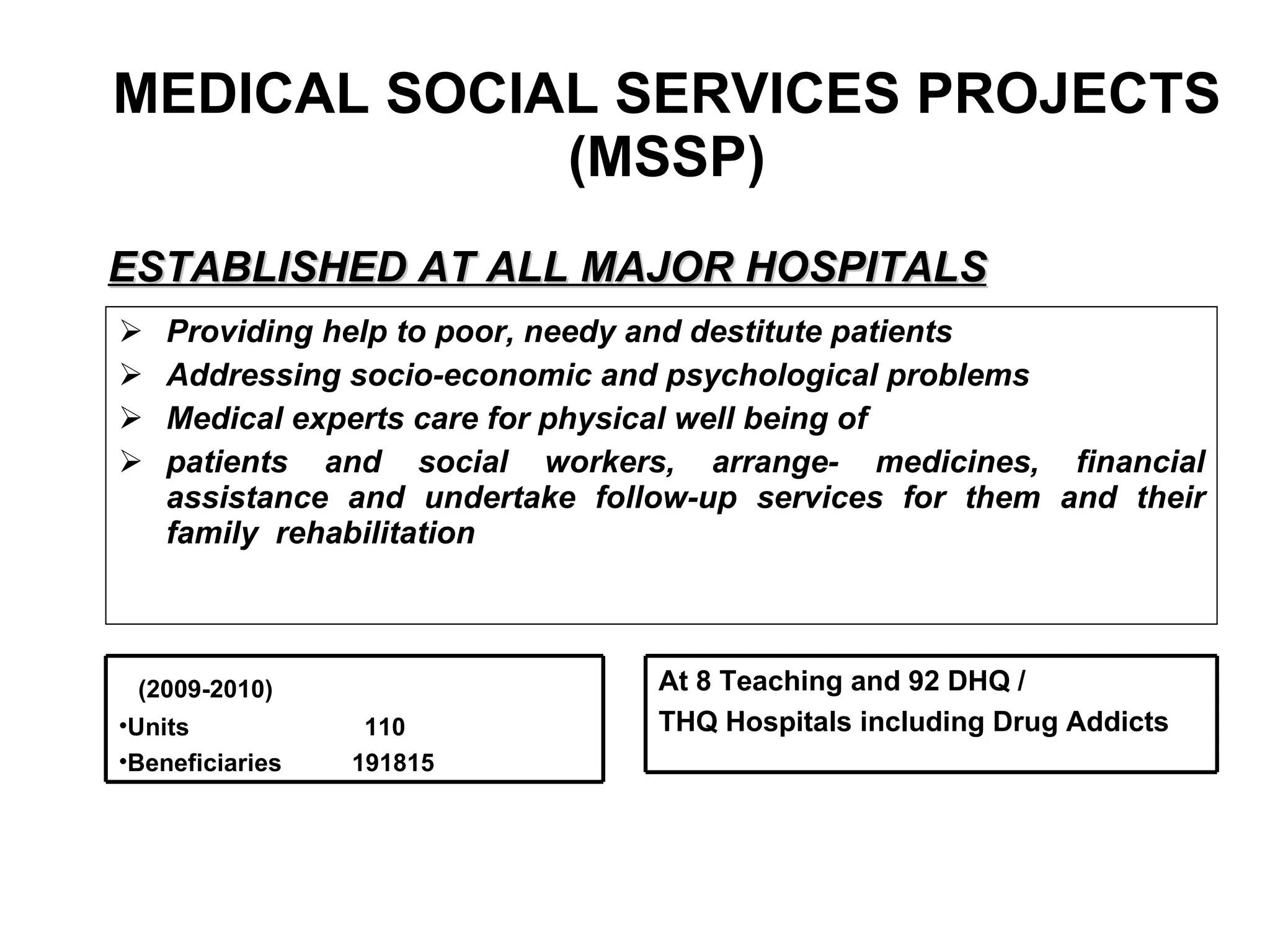 MEDICAL SOCIAL SERVICES PROJECTS (MSSP) Providing help to poor, needy and destitute patients  Addressing socio-economic and psychological problems Medical experts care for physical well being of patients and social workers, arrange- medicines, financial assistance and undertake follow-up services for them and their family  rehabilitation ESTABLISHED AT ALL MAJOR HOSPITALS (2009-2010) Units  110 Beneficiaries  191815 At 8 Teaching and 92 DHQ / THQ Hospitals including Drug Addicts  