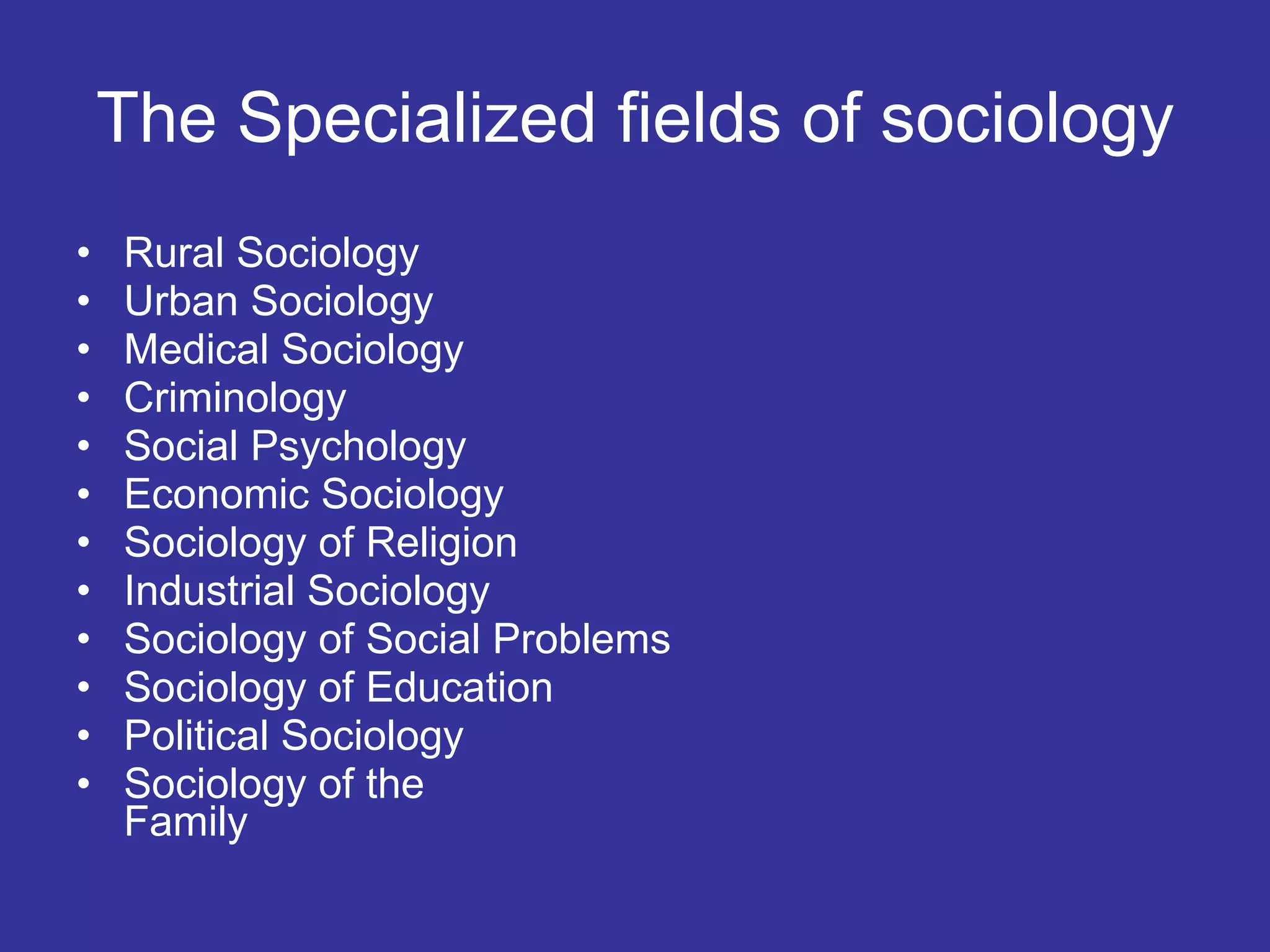 The Specialized fields of sociology Rural Sociology Urban Sociology Medical Sociology Criminology Social Psychology Economic Sociology Sociology of Religion Industrial Sociology Sociology of Social Problems Sociology of Education Political Sociology Sociology of the  Family 