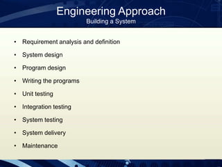 Engineering Approach
Building a System
• Requirement analysis and definition
• System design
• Program design
• Writing the programs
• Unit testing
• Integration testing
• System testing
• System delivery
• Maintenance
 