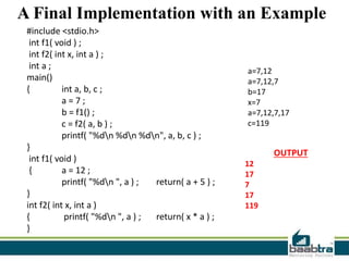 A Final Implementation with an Example
#include <stdio.h>
int f1( void ) ;
int f2( int x, int a ) ;
int a ;
main()
{ int a, b, c ;
a = 7 ;
b = f1() ;
c = f2( a, b ) ;
printf( "%dn %dn %dn", a, b, c ) ;
}
int f1( void )
{ a = 12 ;
printf( "%dn ", a ) ; return( a + 5 ) ;
}
int f2( int x, int a )
{ printf( "%dn ", a ) ; return( x * a ) ;
}
OUTPUT
12
17
7
17
119
a=7,12
a=7,12,7
b=17
x=7
a=7,12,7,17
c=119
 