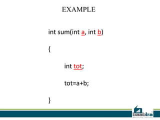 EXAMPLE
int sum(int a, int b)
{
int tot;
tot=a+b;
}
 
