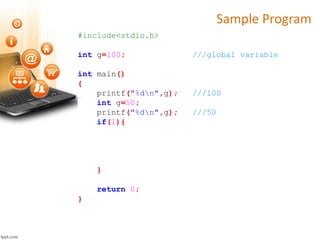 Sample Program
#include<stdio.h>
int g=100; ///global variable
int main()
{
printf("%dn",g); ///100
int g=50;
printf("%dn",g); ///50
if(1){
}
return 0;
}
 
