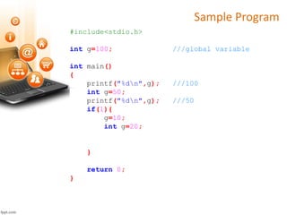 Sample Program
#include<stdio.h>
int g=100; ///global variable
int main()
{
printf("%dn",g); ///100
int g=50;
printf("%dn",g); ///50
if(1){
g=10;
int g=20;
}
return 0;
}
 