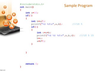 Sample Program#include<stdio.h>
int main()
{
int a=10;
if(1)
{
int b=a/2;
printf("%d %dn",a,b); ///10 5
if(1)
{
int c=a+b;
printf("%d %d %dn",a,b,c); ///10 5 15
b=c;
a=b*2;
}
}
return 0;
}
 