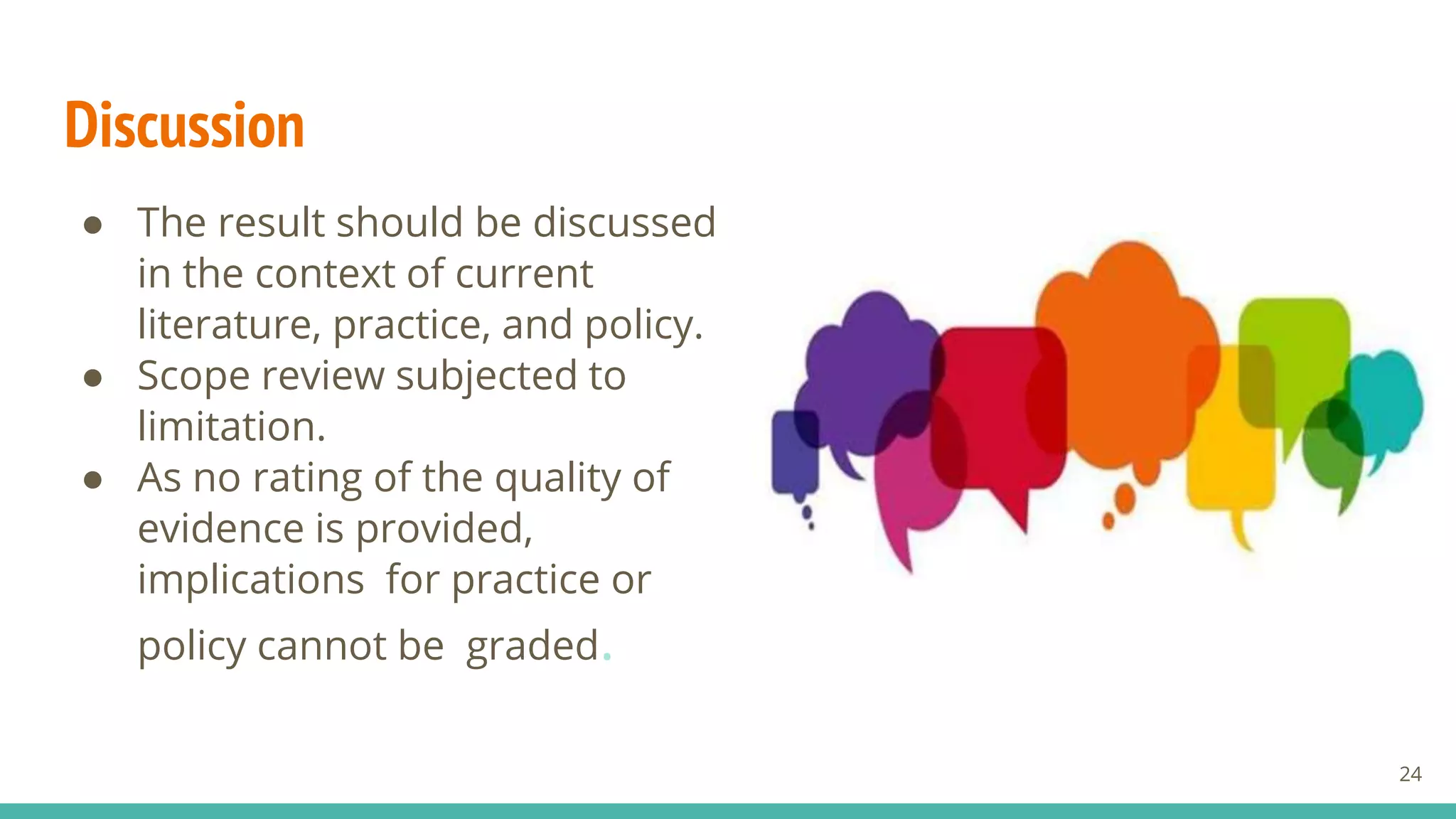 Discussion
● The result should be discussed
in the context of current
literature, practice, and policy.
● Scope review subjected to
limitation.
● As no rating of the quality of
evidence is provided,
implications for practice or
policy cannot be graded.
24
 