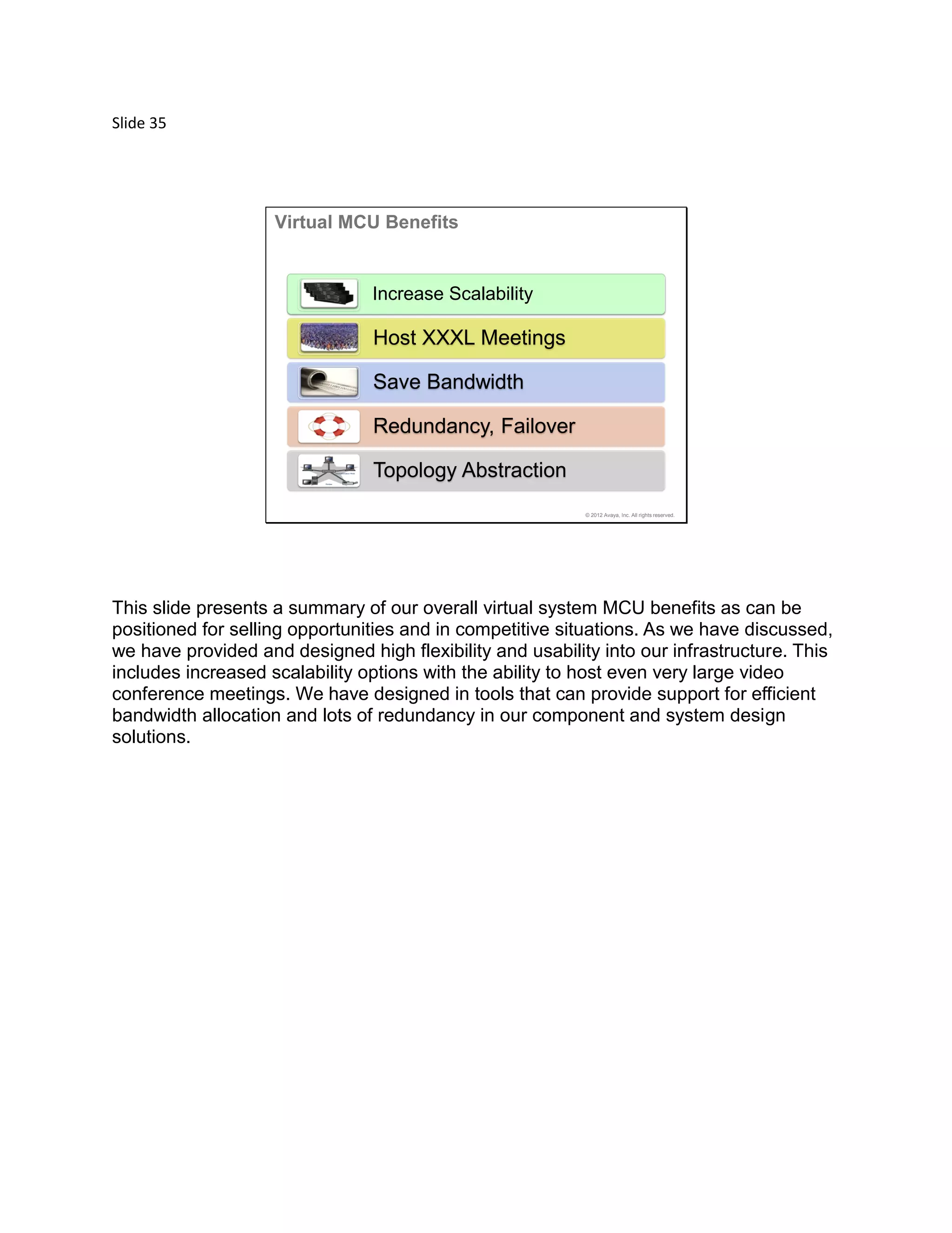 Slide 35
© 2012 Avaya, Inc. All rights reserved.
Virtual MCU Benefits
Increase Scalability
Host XXXL Meetings
Save Bandwidth
Redundancy, Failover
Topology Abstraction
This slide presents a summary of our overall virtual system MCU benefits as can be
positioned for selling opportunities and in competitive situations. As we have discussed,
we have provided and designed high flexibility and usability into our infrastructure. This
includes increased scalability options with the ability to host even very large video
conference meetings. We have designed in tools that can provide support for efficient
bandwidth allocation and lots of redundancy in our component and system design
solutions.
 