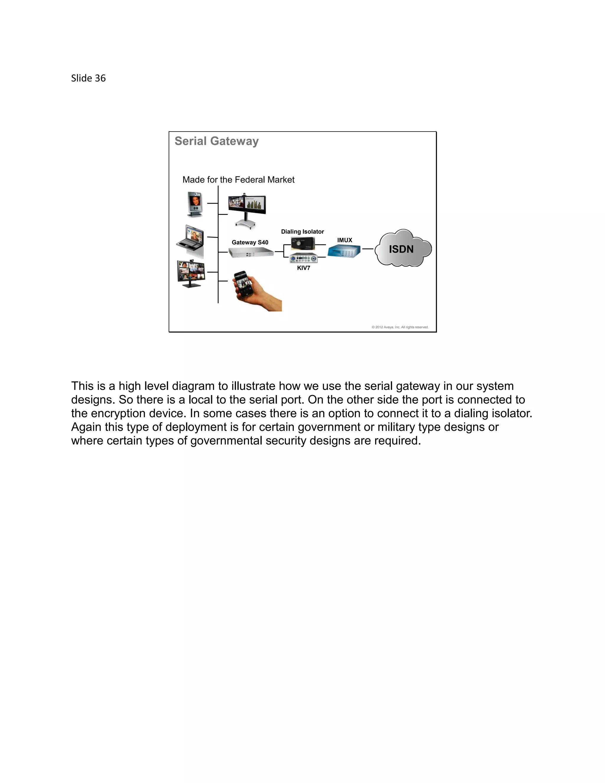 Slide 36
© 2012 Avaya, Inc. All rights reserved.
Serial Gateway
Made for the Federal Market
ISDN
IMUX
Dialing Isolator
KIV7
Gateway S40
This is a high level diagram to illustrate how we use the serial gateway in our system
designs. So there is a local to the serial port. On the other side the port is connected to
the encryption device. In some cases there is an option to connect it to a dialing isolator.
Again this type of deployment is for certain government or military type designs or
where certain types of governmental security designs are required.
 