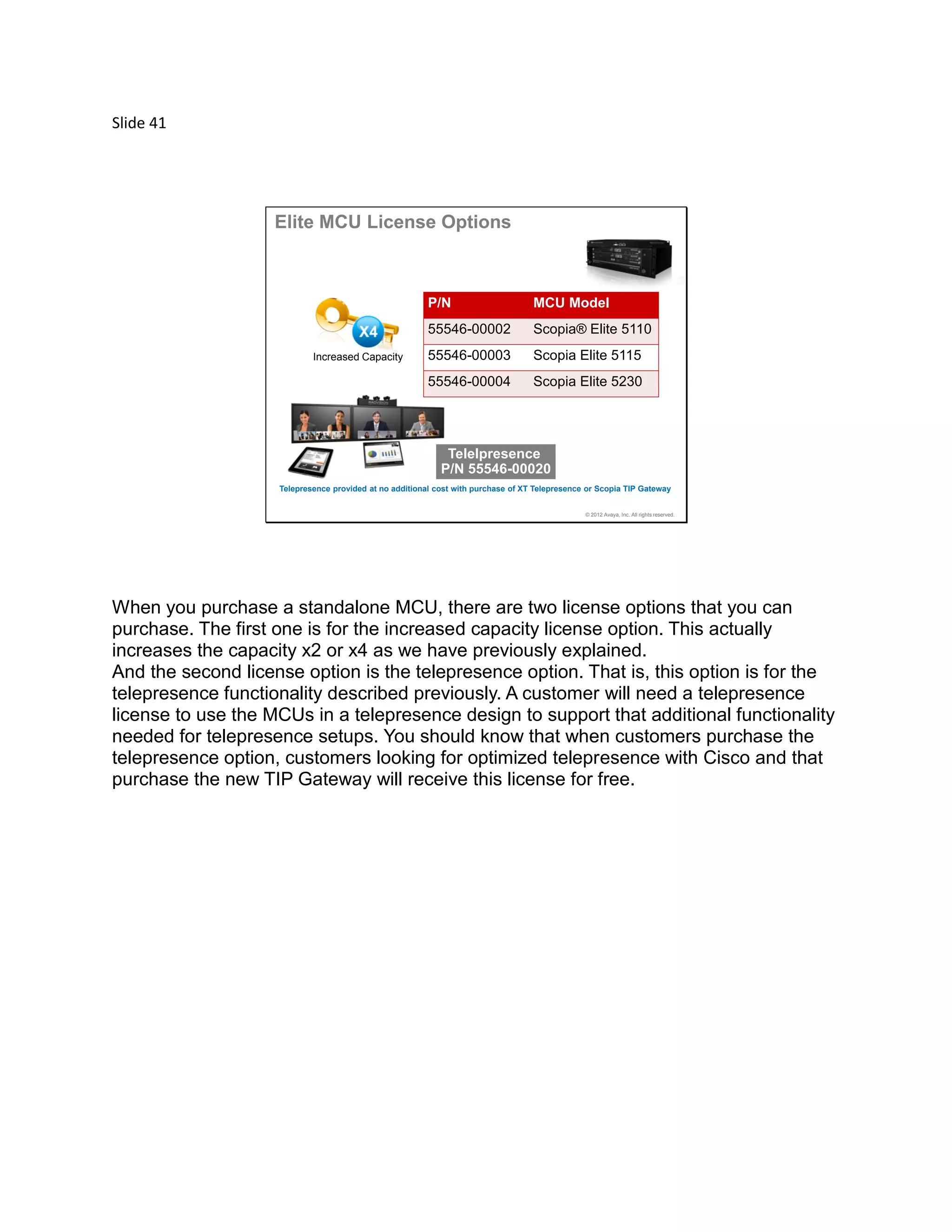 Slide 41
© 2012 Avaya, Inc. All rights reserved.
P/N MCU Model
55546-00002 Scopia® Elite 5110
55546-00003 Scopia Elite 5115
55546-00004 Scopia Elite 5230
Telelpresence
P/N 55546-00020
Increased Capacity
Telepresence provided at no additional cost with purchase of XT Telepresence or Scopia TIP Gateway
Elite MCU License Options
When you purchase a standalone MCU, there are two license options that you can
purchase. The first one is for the increased capacity license option. This actually
increases the capacity x2 or x4 as we have previously explained.
And the second license option is the telepresence option. That is, this option is for the
telepresence functionality described previously. A customer will need a telepresence
license to use the MCUs in a telepresence design to support that additional functionality
needed for telepresence setups. You should know that when customers purchase the
telepresence option, customers looking for optimized telepresence with Cisco and that
purchase the new TIP Gateway will receive this license for free.
 
