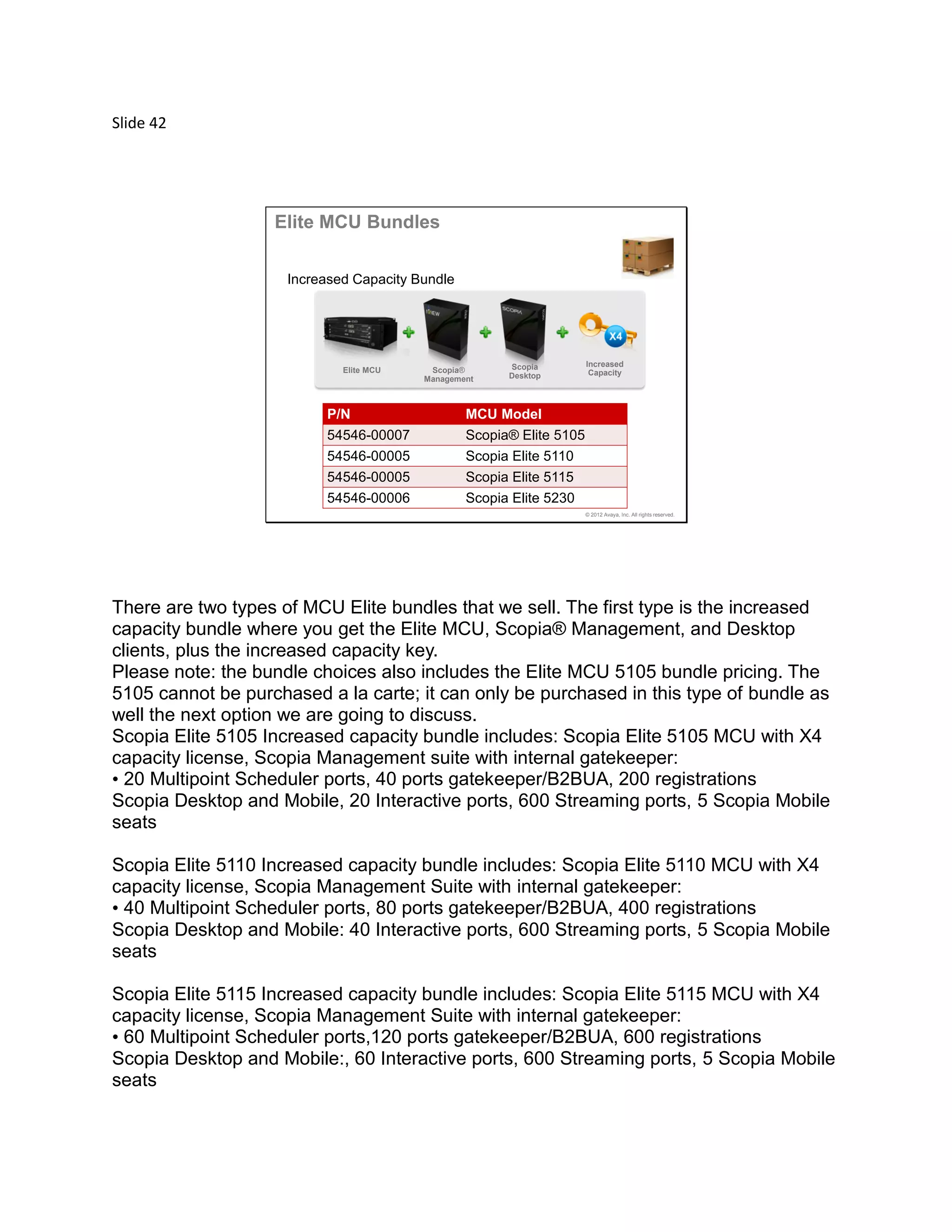 Slide 42
© 2012 Avaya, Inc. All rights reserved.
Elite MCU Bundles
Increased Capacity Bundle
Increased
CapacityElite MCU Scopia®
Management
Scopia
Desktop
P/N MCU Model
54546-00007 Scopia® Elite 5105
54546-00005 Scopia Elite 5110
54546-00005 Scopia Elite 5115
54546-00006 Scopia Elite 5230
There are two types of MCU Elite bundles that we sell. The first type is the increased
capacity bundle where you get the Elite MCU, Scopia® Management, and Desktop
clients, plus the increased capacity key.
Please note: the bundle choices also includes the Elite MCU 5105 bundle pricing. The
5105 cannot be purchased a la carte; it can only be purchased in this type of bundle as
well the next option we are going to discuss.
Scopia Elite 5105 Increased capacity bundle includes: Scopia Elite 5105 MCU with X4
capacity license, Scopia Management suite with internal gatekeeper:
• 20 Multipoint Scheduler ports, 40 ports gatekeeper/B2BUA, 200 registrations
Scopia Desktop and Mobile, 20 Interactive ports, 600 Streaming ports, 5 Scopia Mobile
seats
Scopia Elite 5110 Increased capacity bundle includes: Scopia Elite 5110 MCU with X4
capacity license, Scopia Management Suite with internal gatekeeper:
• 40 Multipoint Scheduler ports, 80 ports gatekeeper/B2BUA, 400 registrations
Scopia Desktop and Mobile: 40 Interactive ports, 600 Streaming ports, 5 Scopia Mobile
seats
Scopia Elite 5115 Increased capacity bundle includes: Scopia Elite 5115 MCU with X4
capacity license, Scopia Management Suite with internal gatekeeper:
• 60 Multipoint Scheduler ports,120 ports gatekeeper/B2BUA, 600 registrations
Scopia Desktop and Mobile:, 60 Interactive ports, 600 Streaming ports, 5 Scopia Mobile
seats
 