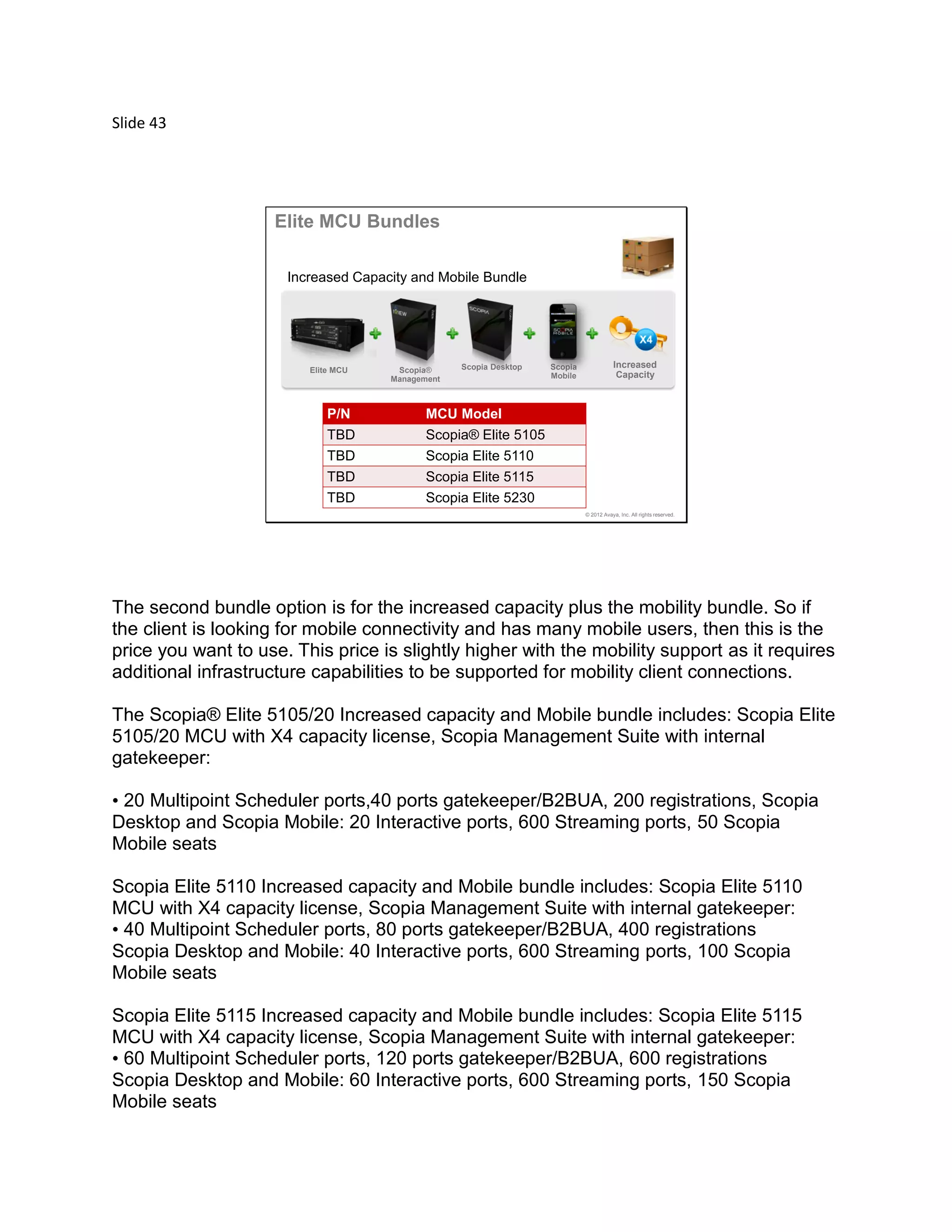 Slide 43
© 2012 Avaya, Inc. All rights reserved.
Elite MCU Bundles
Increased Capacity and Mobile Bundle
Increased
Capacity
Elite MCU Scopia®
Management
Scopia Desktop Scopia
Mobile
P/N MCU Model
TBD Scopia® Elite 5105
TBD Scopia Elite 5110
TBD Scopia Elite 5115
TBD Scopia Elite 5230
The second bundle option is for the increased capacity plus the mobility bundle. So if
the client is looking for mobile connectivity and has many mobile users, then this is the
price you want to use. This price is slightly higher with the mobility support as it requires
additional infrastructure capabilities to be supported for mobility client connections.
The Scopia® Elite 5105/20 Increased capacity and Mobile bundle includes: Scopia Elite
5105/20 MCU with X4 capacity license, Scopia Management Suite with internal
gatekeeper:
• 20 Multipoint Scheduler ports,40 ports gatekeeper/B2BUA, 200 registrations, Scopia
Desktop and Scopia Mobile: 20 Interactive ports, 600 Streaming ports, 50 Scopia
Mobile seats
Scopia Elite 5110 Increased capacity and Mobile bundle includes: Scopia Elite 5110
MCU with X4 capacity license, Scopia Management Suite with internal gatekeeper:
• 40 Multipoint Scheduler ports, 80 ports gatekeeper/B2BUA, 400 registrations
Scopia Desktop and Mobile: 40 Interactive ports, 600 Streaming ports, 100 Scopia
Mobile seats
Scopia Elite 5115 Increased capacity and Mobile bundle includes: Scopia Elite 5115
MCU with X4 capacity license, Scopia Management Suite with internal gatekeeper:
• 60 Multipoint Scheduler ports, 120 ports gatekeeper/B2BUA, 600 registrations
Scopia Desktop and Mobile: 60 Interactive ports, 600 Streaming ports, 150 Scopia
Mobile seats
 