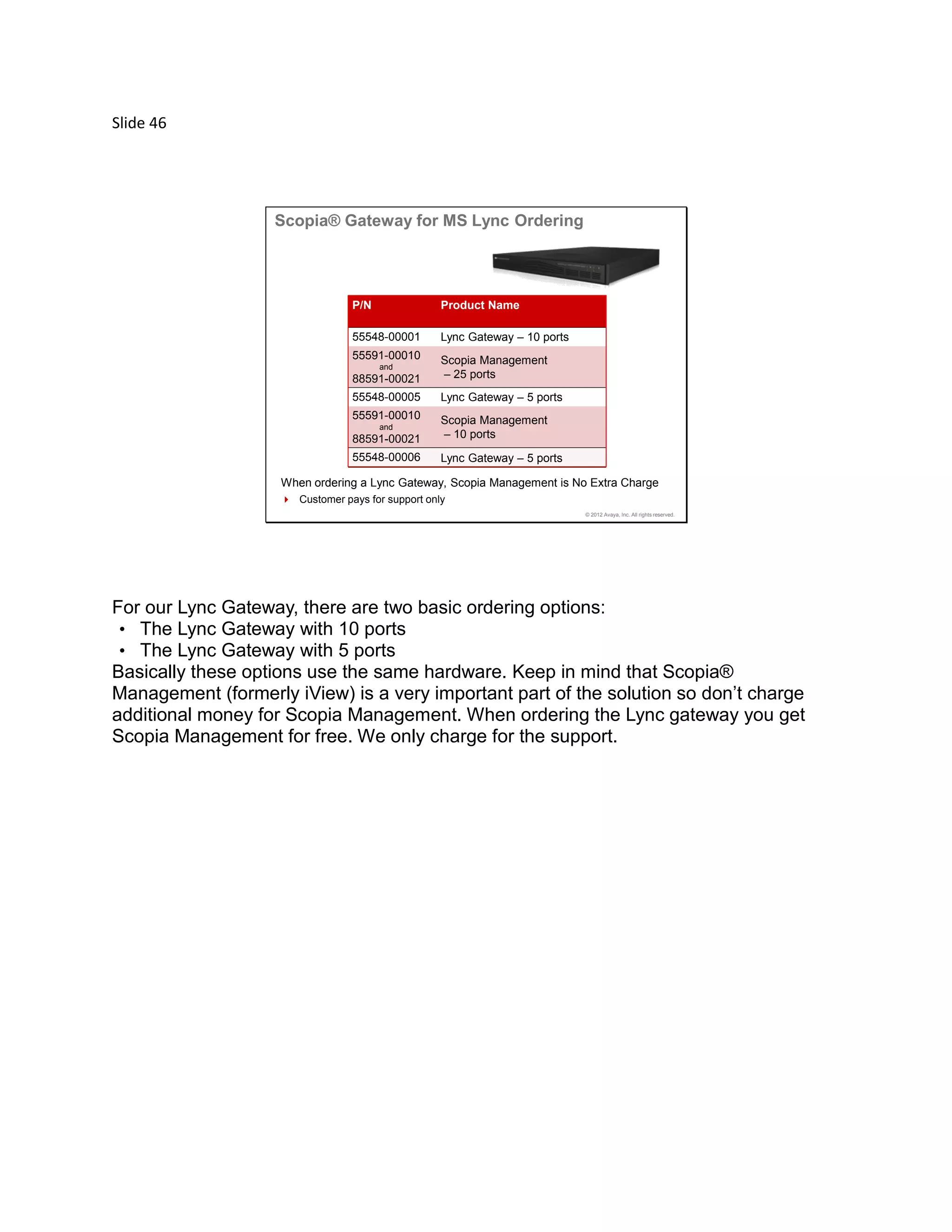Slide 46
© 2012 Avaya, Inc. All rights reserved.
Scopia® Gateway for MS Lync Ordering
When ordering a Lync Gateway, Scopia Management is No Extra Charge
 Customer pays for support only
P/N Product Name
55548-00001 Lync Gateway – 10 ports
55591-00010
and
88591-00021
Scopia Management
– 25 ports
55548-00005 Lync Gateway – 5 ports
55591-00010
and
88591-00021
Scopia Management
– 10 ports
55548-00006 Lync Gateway – 5 ports
For our Lync Gateway, there are two basic ordering options:
• The Lync Gateway with 10 ports
• The Lync Gateway with 5 ports
Basically these options use the same hardware. Keep in mind that Scopia®
Management (formerly iView) is a very important part of the solution so don’t charge
additional money for Scopia Management. When ordering the Lync gateway you get
Scopia Management for free. We only charge for the support.
 