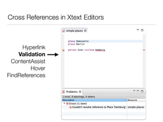Cross References in Xtext Editors
Hyperlink
Validation
ContentAssist
Hover
FindReferences
 