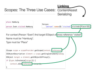 Scopes: The Three Use Cases:
Linking
ContentAssist
Serializing
place Hamburg	
!
person Sven visited Hamburg
Person:	
	 "person" name=ID "visited" visited=[Place|ID];
For context (Person “Sven”) ﬁnd target EObject of cross reference “visited”.
Name must be “Hamburg”.
Type must be “Place”
IScope scope = scopeProvider.getScope(context, reference);	
IEObjectDescription element = scope.getSingleElement(name);	
EObject target = element.getEObjectOrProxy();	
if (type.isInstance(target)) {	
context.eSet(reference, target);	
}
 