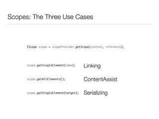 IScope scope = scopeProvider.getScope(context, reference);	
!
!
!
scope.getSingleElement(name);	
!
!
scope.getAllElements();	
!
!
scope.getSingleElement(target);
Scopes: The Three Use Cases
Linking
ContentAssist
Serializing
 