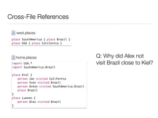 Cross-File References
place SouthAmerica { place Brazil }	
place USA { place California }
west.places
import USA.*	
import SouthAmerica.Brazil	
!
place Kiel {	
	 person Jan visited California	
	 person Sven visited Brazil	
	 person Anton visited SouthAmerica.Brazil	
	 place Brazil	
}	
place Luenen {	
	 person Alex visited Brazil 	
}
home.places Q: Why did Alex not
visit Brazil close to Kiel?
 
