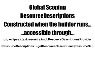 Global Scoping
ResourceDescriptions
Constructed when the builder runs…
org.eclipse.xtext.resource.impl.ResourceDescriptionsProvider
…accessible through…
IResourceDescriptions - getResourceDescriptions(ResourceSet)
 