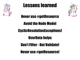 Lessons learned
Never use #getResource
Avoid the Node Model
CyclicResolutionExceptions!
UserData helps
Never use #getResou...