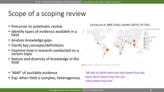 Dr. D. Y. Patil Dental College and Hospital, Pune Department of Public Health Dentistry
Dr. S. A. Rizwan, M.D.,Scoping reviews: An introduction
Scope of a scoping review
• Precursor to systematic review
• Identify types of evidence available in a
field
• Analyze knowledge gaps
• Clarify key concepts/definitions
• Examine how is research conducted on a
certain topic
• Nature and diversity of knowledge in the
field
• ‘MAP’ of available evidence
• Esp. when field is complex, heterogenous
‘ab tak iss field mein kya kya kaam hua hai,
kaise kaise kaam hua hai aur
kitna kaam hua hai’
Correia et al. BMC Public Health (2019) 19:1542
 