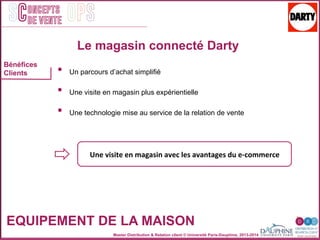 Master Distribution & Relation client © Université Paris-Dauphine, 2013-2014
SC OPSoncepts	
  	
  
de vente
•  Un parcours d’achat simplifié
•  Une visite en magasin plus expérientielle
•  Une technologie mise au service de la relation de vente
Bénéfices
Clients
Une	
  visite	
  en	
  magasin	
  avec	
  les	
  avantages	
  du	
  e-­‐commerce	
  
EQUIPEMENT DE LA MAISON
Le magasin connecté Darty
 