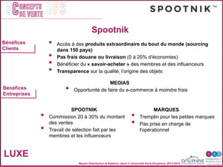 Master Distribution & Relation client © Université Paris-Dauphine, 2013-2014
SC OPSoncepts	
  	
  
de vente
LUXE
Bénéfices
Entreprises
Bénéfices
Clients
Spootnik
•  Accès à des produits extraordinaire du bout du monde (sourcing
dans 150 pays) "
•  Pas frais douane ou livraison (0 à 20% dʼéconomies)"
•  Bénéﬁcier du « savoir-acheter » des membres et des inﬂuenceurs"
•  Transparence sur la qualité, lʼorigine des objets"
! SPOOTNIK!
•  Commission 20 à 30% du montant
des ventes"
•  Travail de sélection fait par les
membres et les inﬂuenceurs"
!MARQUES!
•  Tremplin pour les petites marques "
•  Pas prise en charge de
l'opérationnel"
! !MEDIAS!
•  Opportunité de faire du e-commerce à moindre frais"
	
  
 