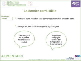 Master Distribution & Relation client © Université Paris-Dauphine, 2013-2014
SCO PSpérations
promotionnelles
Le dernier carré Milka
ALIMENTAIRE
Bénéfices
Clients •  Participer à une opération sans donner ses information en contre partie
•  Partager les valeurs de la marque de façon tangible
Très bien joué
de la part de
Mika félicitation
à vous
Magnifique
campagne.
Bluffée par
l’imagination et
le dernier carré
 