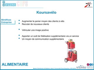 Master Distribution & Relation client © Université Paris-Dauphine, 2013-2014
Services COPS
Koursavélo
Bénéfices
Entreprise
ALIMENTAIRE
•  Augmenter le panier moyen des clients à vélo
•  Recruter de nouveaux clients
•  Véhiculer une image positive
•  Apporter un outil de fidélisation supplémentaire via un service
•  Un moyen de communication supplémentaire
 