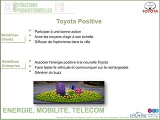 Master Distribution & Relation client © Université Paris-Dauphine, 2013-2014
SCO PSpérations
promotionnelles
•  Participer à une bonne action
•  Avoir les moyens d’agir à son échelle
•  Diffuser de l’optimisme dans la ville
•  Associer l'énergie positive à la nouvelle Toyota
•  Faire tester le véhicule et communiquer sur le rechargeable
•  Générer du buzz
Bénéfices
Clients
Bénéfices
Entreprise
Toyota Positive
ENERGIE, MOBILITE, TELECOM
 