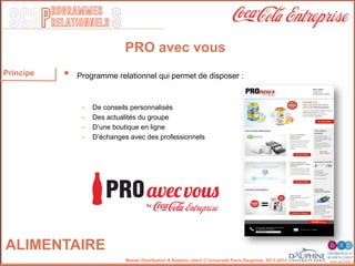 SCOP S
rogrammes
relationnels
Master Distribution & Relation client © Université Paris-Dauphine, 2013-2014
ALIMENTAIRE
"
•  Programme relationnel qui permet de disposer :"
-  De conseils personnalisés"
-  Des actualités du groupe"
-  Dʼune boutique en ligne"
-  Dʼéchanges avec des professionnels"
PRO avec vous
Principe
 