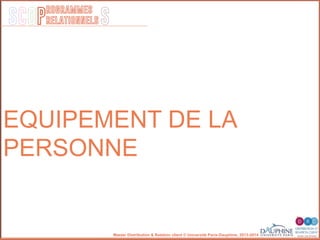 SCOP S
rogrammes
relationnels
Master Distribution & Relation client © Université Paris-Dauphine, 2013-2014
EQUIPEMENT DE LA
PERSONNE
 