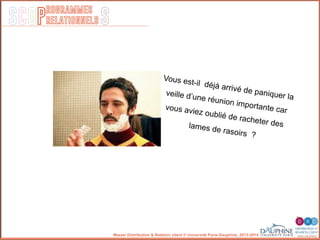 SCOP S
rogrammes
relationnels
Master Distribution & Relation client © Université Paris-Dauphine, 2013-2014
Vous est-il déjà arrivé de paniquer laveille d’une réunion importante carvous aviez oublié de racheter deslames de rasoirs ?
 