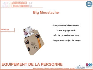 SCOP S
rogrammes
relationnels
Master Distribution & Relation client © Université Paris-Dauphine, 2013-2014
Big Moustache
EQUIPEMENT DE LA PERSONNE
Principe
Un système d’abonnement
sans engagement
afin de recevoir chez vous
chaque mois un jeu de lames
 