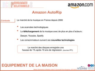 SCOP S
rogrammes
relationnels
Master Distribution & Relation client © Université Paris-Dauphine, 2013-2014
Le marché de la musique en France depuis 2000
•  Les avancées technologiques
•  Le téléchargement de la musique avec de plus en plus d’acteurs :
Deezer, Youtube, Spotify
•  Les consommateurs suivent ces nouvelles technologies
EQUIPEMENT DE LA MAISON
Contexte
Le marché des disques enregistre une "
hausse de 1% après 10 ans de régression. (sources IPFI)"
Amazon AutoRip
 
