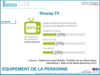 Master Distribution & Relation client © Université Paris-Dauphine, 2013-2014
Services COPS
Shozap.TV
EQUIPEMENT DE LA PERSONNE
« Source : Cabinet de conseil Deloitte, 7e édition de son Observatoire
International « State of the Media Democracy 2013
Contexte
 