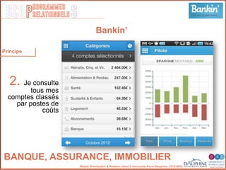 SCOP S
rogrammes
relationnels
Master Distribution & Relation client © Université Paris-Dauphine, 2013-2014
Bankin’
!
2. Je consulte
tous mes
comptes classés
par postes de
coûts
BANQUE, ASSURANCE, IMMOBILIER
Principe
 