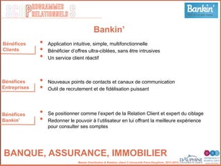 SCOP S
rogrammes
relationnels
Master Distribution & Relation client © Université Paris-Dauphine, 2013-2014
•  Application intuitive, simple, multifonctionnelle
•  Bénéficier d’offres ultra-ciblées, sans être intrusives
•  Un service client réactif
Bankin’
Bénéfices
Clients
•  Nouveaux points de contacts et canaux de communication
•  Outil de recrutement et de fidélisation puissant
•  Se positionner comme l’expert de la Relation Client et expert du ciblage
•  Redonner le pouvoir à l’utilisateur en lui offrant la meilleure expérience
pour consulter ses comptes
Bénéfices
Entreprises
Bénéfices
Bankin’
BANQUE, ASSURANCE, IMMOBILIER
 