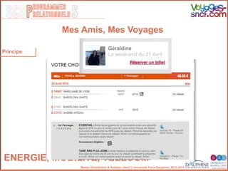 SCOP S
rogrammes
relationnels
Master Distribution & Relation client © Université Paris-Dauphine, 2013-2014
ENERGIE, MOBILITE, TELECOM!
Principe
Mes Amis, Mes Voyages
Géraldine
Le week-end du 21 Avril
 