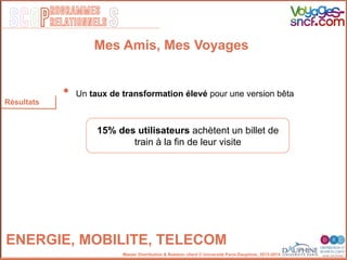 SCOP S
rogrammes
relationnels
Master Distribution & Relation client © Université Paris-Dauphine, 2013-2014
Résultats
ENERGIE, MOBILITE, TELECOM!
Mes Amis, Mes Voyages
15% des utilisateurs achètent un billet de
train à la fin de leur visite
•  Un taux de transformation élevé pour une version bêta
 