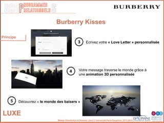 SCOP S
rogrammes
relationnels
Master Distribution & Relation client © Université Paris-Dauphine, 2013-2014
Ecrivez votre « Love Letter » personnalisée3
Votre message traverse le monde grâce à
une animation 3D personnalisée
4
Découvrez « le monde des baisers »5
LUXE
Burberry Kisses
Principe
 