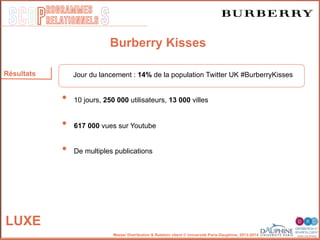 SCOP S
rogrammes
relationnels
Master Distribution & Relation client © Université Paris-Dauphine, 2013-2014
Résultats
Burberry Kisses
Jour du lancement : 14% de la population Twitter UK #BurberryKisses
•  10 jours, 250 000 utilisateurs, 13 000 villes
•  617 000 vues sur Youtube
•  De multiples publications
LUXE
 