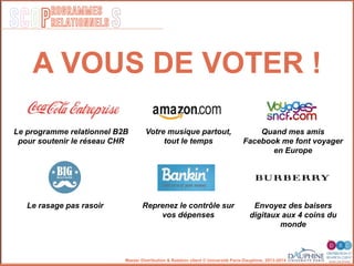 SCOP S
rogrammes
relationnels
Master Distribution & Relation client © Université Paris-Dauphine, 2013-2014
A VOUS DE VOTER !
Le programme relationnel B2B
pour soutenir le réseau CHR
Votre musique partout,
tout le temps
Reprenez le contrôle sur
vos dépenses
Quand mes amis
Facebook me font voyager
en Europe
Envoyez des baisers
digitaux aux 4 coins du
monde
Le rasage pas rasoir
 