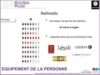 Master Distribution & Relation client © Université Paris-Dauphine, 2013-2014
SCOPStratégies
client
EQUIPEMENT DE LA PERSONNE
•  Une largeur de gamme très étendue :
63 vernis à ongles
•  Implantée dans des environnements mode
Nailmatic
Principe
 