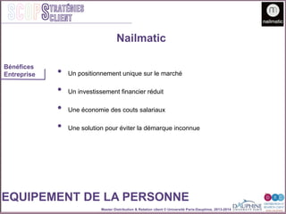 Master Distribution & Relation client © Université Paris-Dauphine, 2013-2014
SCOPStratégies
client
EQUIPEMENT DE LA PERSONNE
•  Un positionnement unique sur le marché
•  Un investissement financier réduit
•  Une économie des couts salariaux
•  Une solution pour éviter la démarque inconnue
Nailmatic
Bénéfices
Entreprise
 