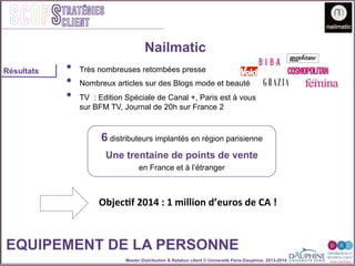 Master Distribution & Relation client © Université Paris-Dauphine, 2013-2014
SCOPStratégies
client
6 distributeurs implantés en région parisienne
Une trentaine de points de vente
en France et à l’étranger
EQUIPEMENT DE LA PERSONNE
Résultats •  Très nombreuses retombées presse
•  Nombreux articles sur des Blogs mode et beauté
•  TV : Edition Spéciale de Canal +, Paris est à vous
sur BFM TV, Journal de 20h sur France 2
Objec[f	
  2014	
  :	
  1	
  million	
  d’euros	
  de	
  CA	
  !	
  
Nailmatic
 