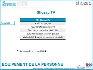 Master Distribution & Relation client © Université Paris-Dauphine, 2013-2014
Services COPS
•  Levée de fond courant 2014
EQUIPEMENT DE LA PERSONNE
KPI Shozap.TV
+ 800 VU par jour
Taux transformation de 1%
Taux de rebond entre 15 et 20%
80% de nouveaux visiteurs par jour
Visite de 3 à 4 pages en moyenne par visite
Résultats
Shozap.TV
 